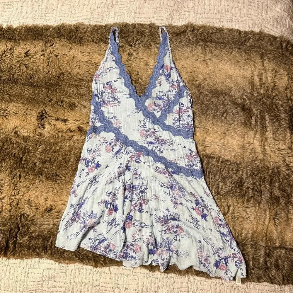 Free People Slip My Mind Trapeze Dress Blue Floral Lace Mini Size Small